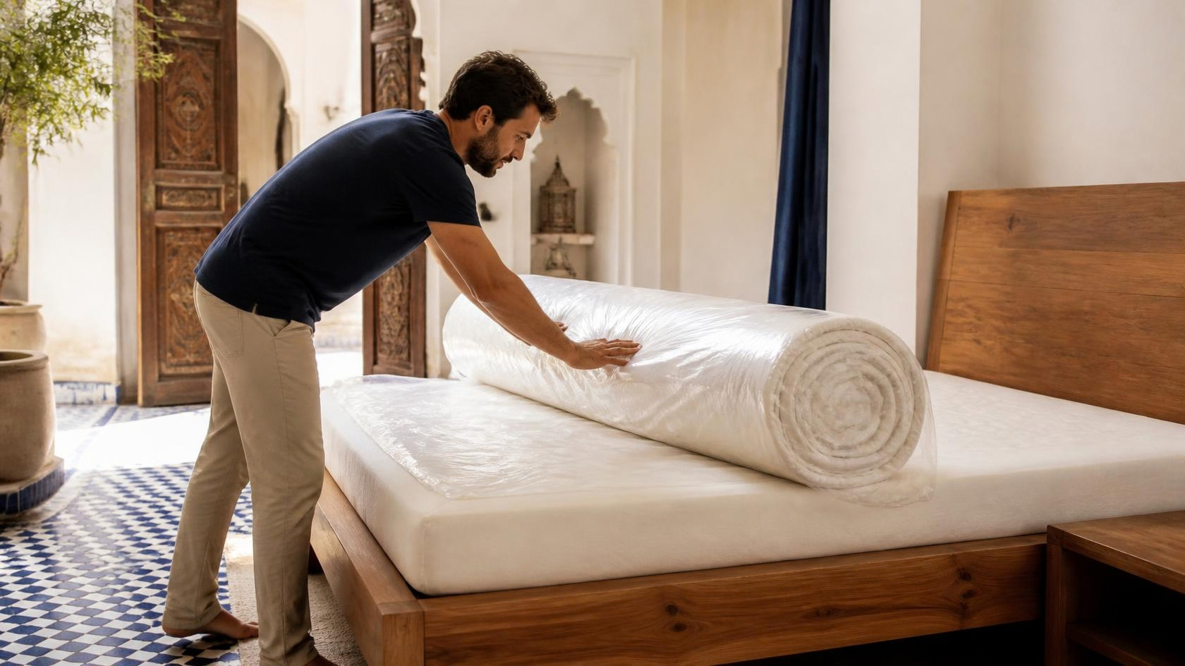 Matelas italien roulé sous vide déballé dans une chambre de riad au Maroc