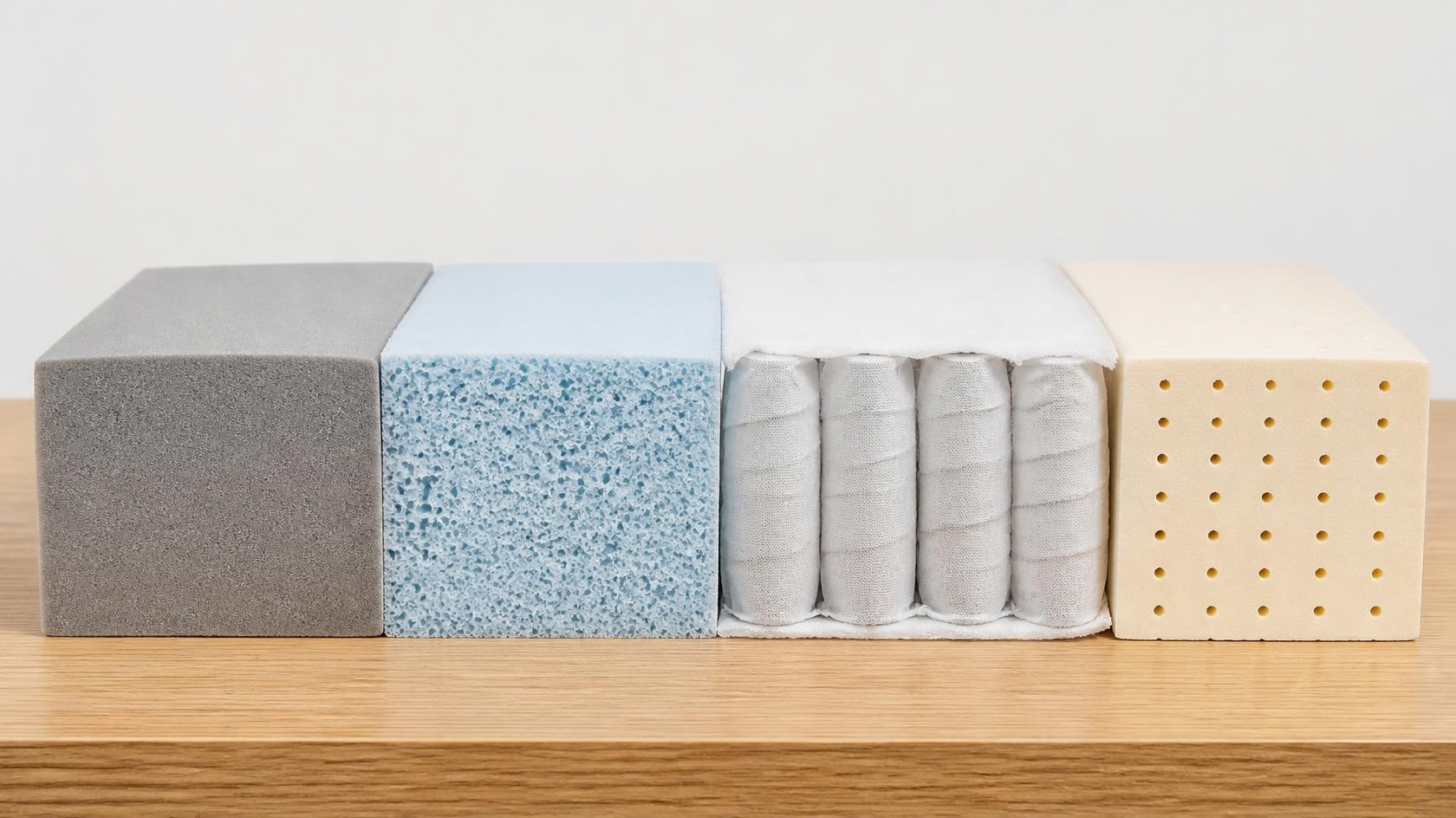 Échantillons de matelas en mousse à mémoire de forme, mousse à eau, ressorts ensachés et latex